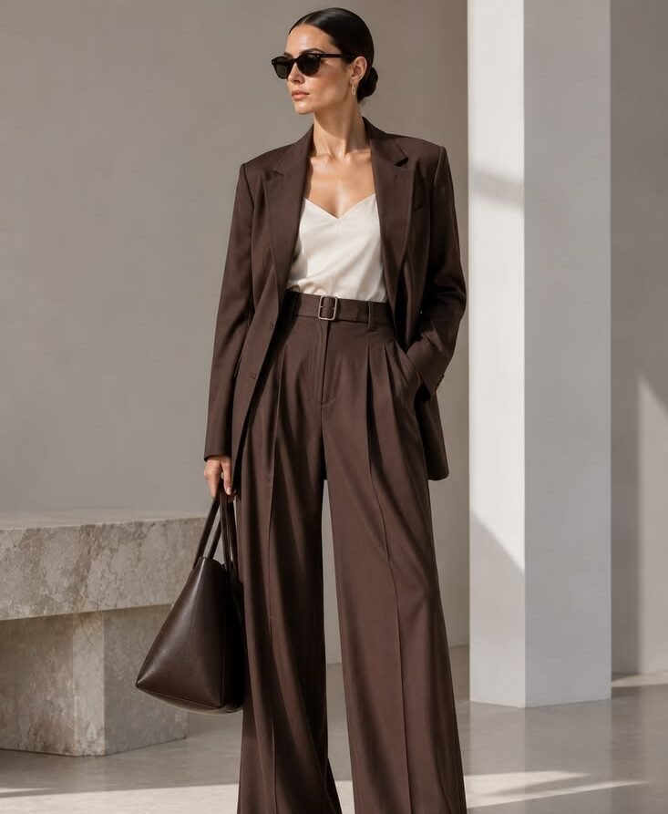 Femme en tailleur marron éco-responsable et caraco ivoire, sac cabas en cuir assorti Etikashion