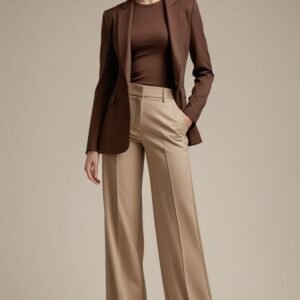 Tailleur bicolore blazer marron & pantalon large beige — Etikashion, mode éco-responsable