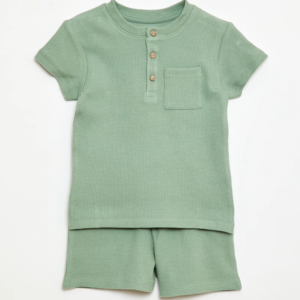 Pyjama short 2 pièces en maille côtelée vert — Etikashion, mode éco-responsable