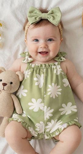 Bébé souriant en barboteuse verte à motifs fleuris et bandeau assorti, mode enfant Etikashion