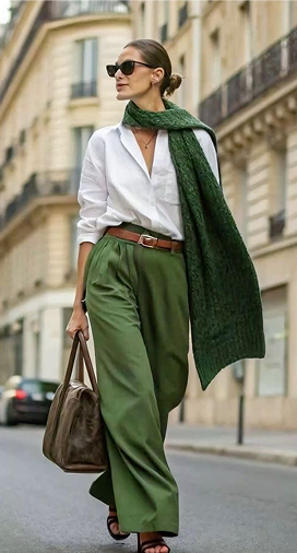 Femme en chemise blanche et pantalon large vert dans une rue parisienne, mode éthique Etikashion