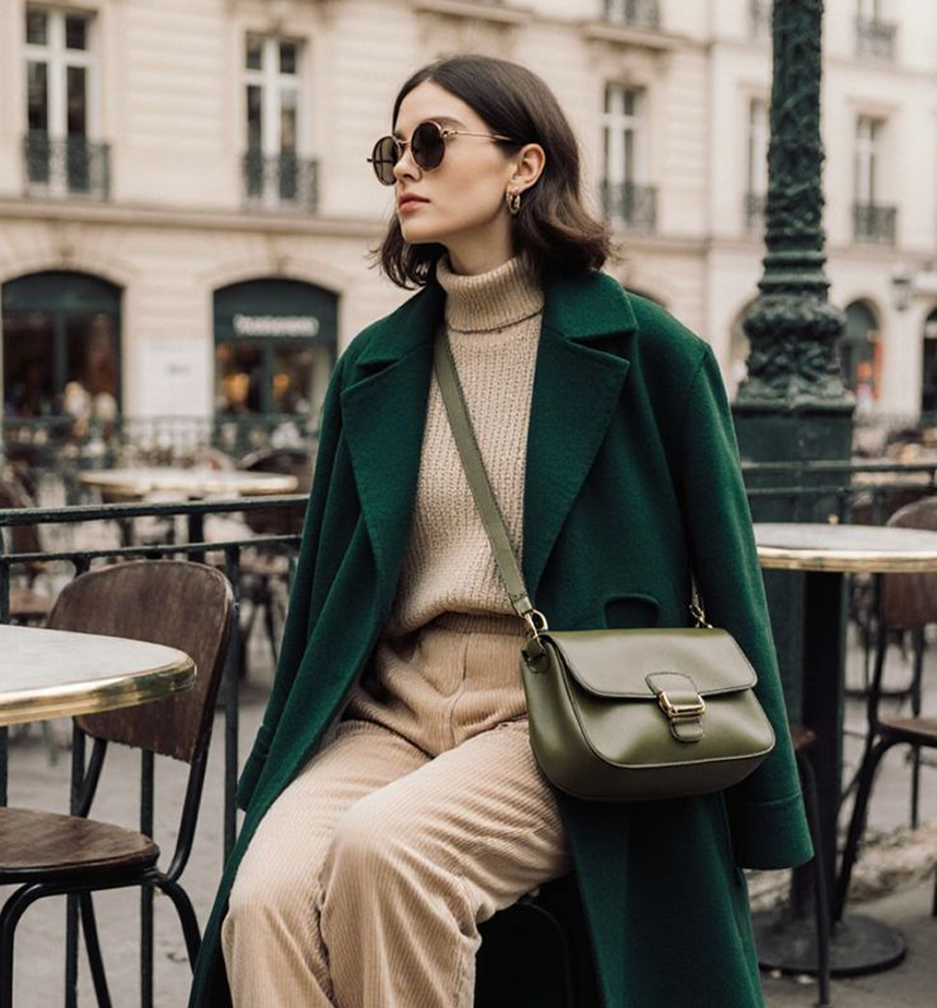 Femme en manteau vert et sac en cuir kaki à une terrasse de café parisienne, style responsable Etikashion